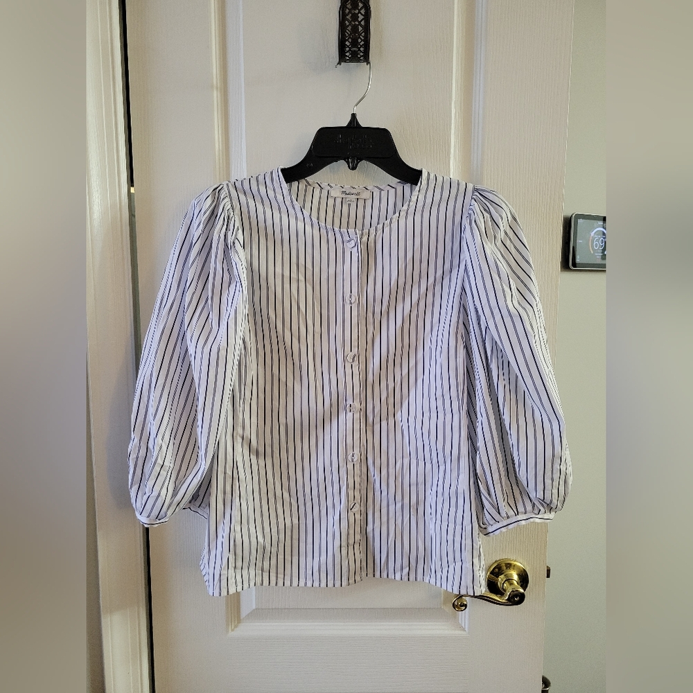 Madewell Puff Sleeve Cotton Button-Up Blouse Top Blue White Stripe Size 6
